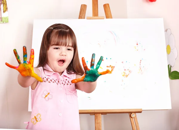 Dziecko co handprints farbą. — Zdjęcie stockowe