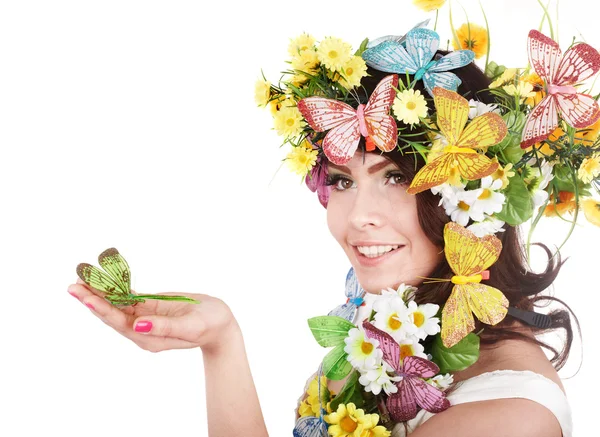 Chica con mariposa y flor en la cabeza . —  Fotos de Stock