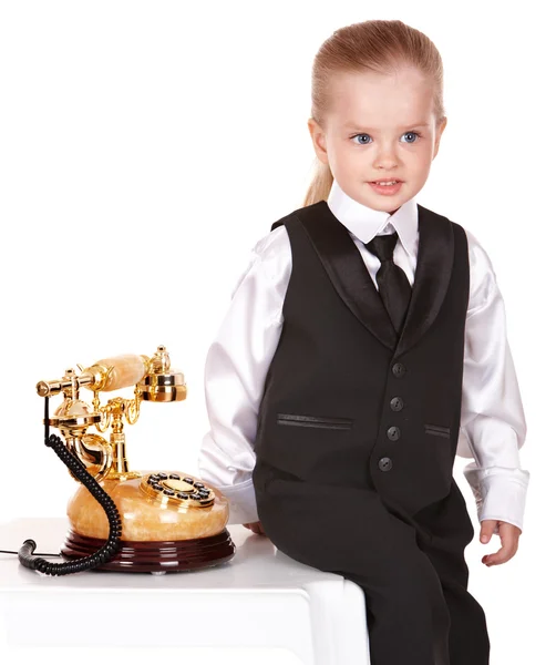 Malá holčička v podnikání oblek volání telefon. — Stock fotografie