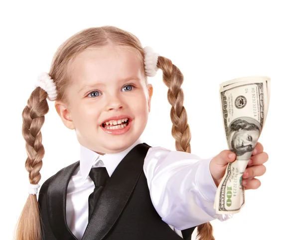Szczęśliwe dziecko trzyma pieniądze Dolar. — Zdjęcie stockowe