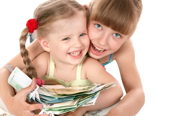 Dzieci trzymając kupę pieniędzy. — Zdjęcie stockowe
