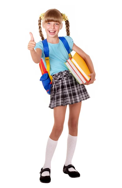 Colegiala con mochila sosteniendo libros y mostrando el pulgar hacia arriba . — Foto de Stock