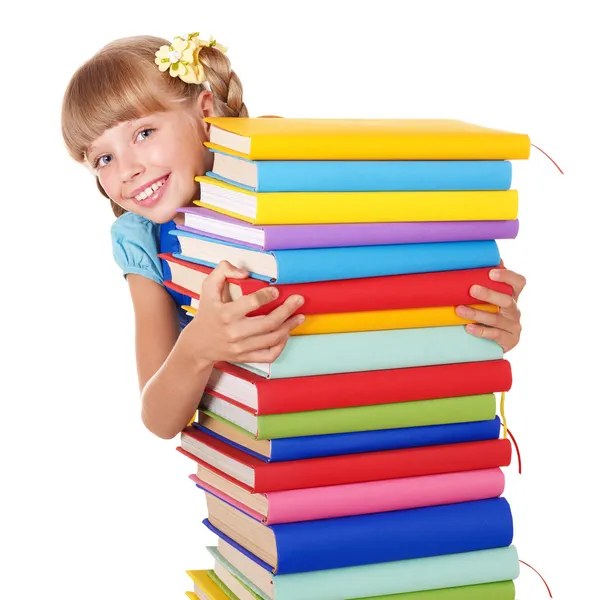 A gazdaság halom könyvet hátizsák iskoláslány. — Stock Fotó