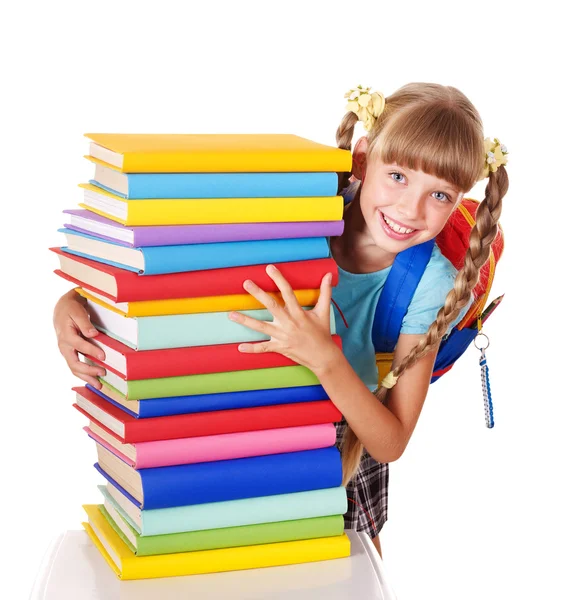 Estudante com mochila segurando pilha de livros . — Fotografia de Stock
