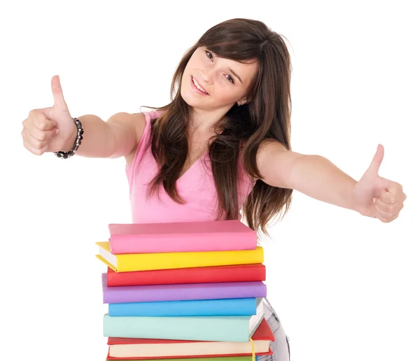 Дівчина з купою книг показує великий палець вгору . — стокове фото