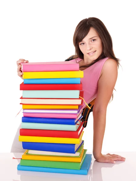 Κορίτσι με το σωρό έγχρωμο βιβλίο . — Φωτογραφία Αρχείου