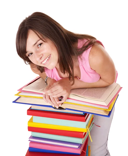 Mädchen mit Stapel farbiges Buch . — Stockfoto