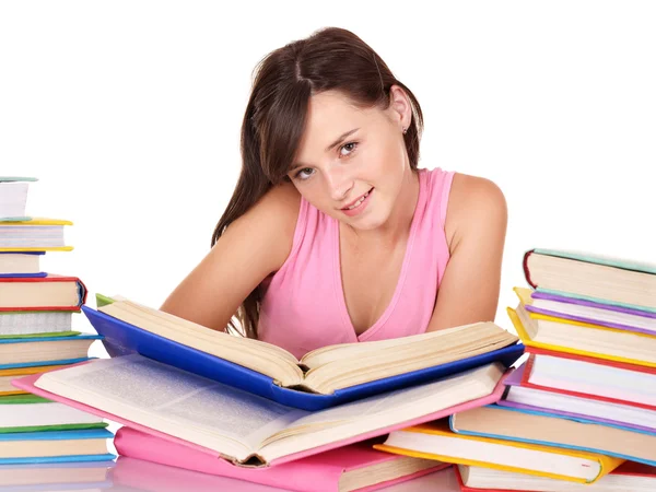 Meisje met stapel gekleurde book . — Stockfoto