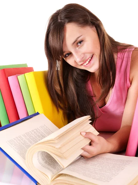 Meisje met stapel gekleurde book. — Stockfoto