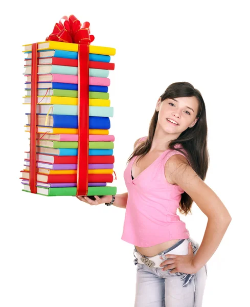 O fată care ţine o grămadă de cărţi . — Fotografie, imagine de stoc