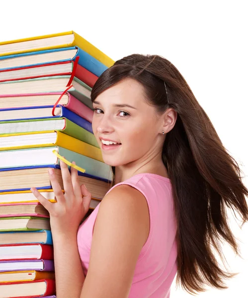 Mädchen mit Stapel farbiges Buch. — Stockfoto