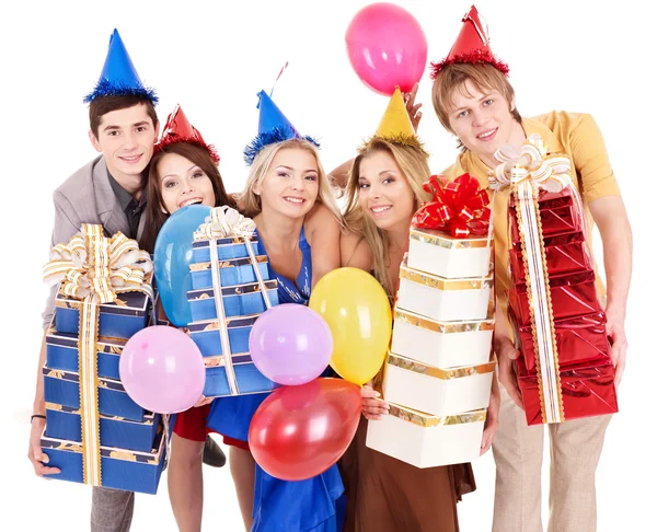 Группа в шляпе партии с подарочной коробкой . — стоковое фото