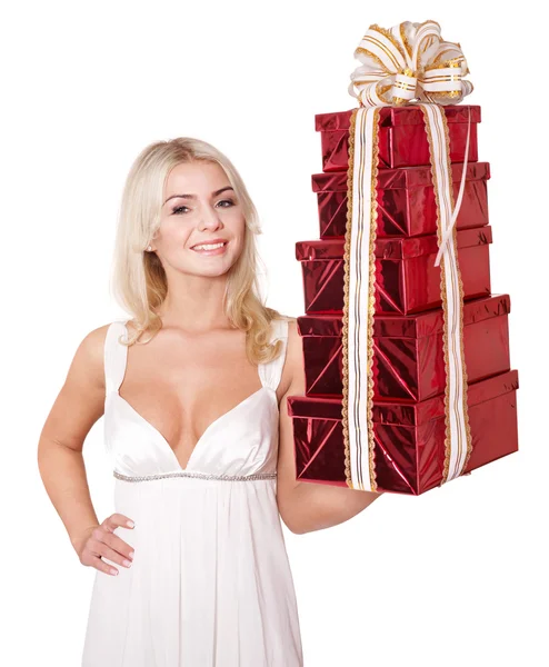 Flicka håller stack presentförpackning .. — Stockfoto