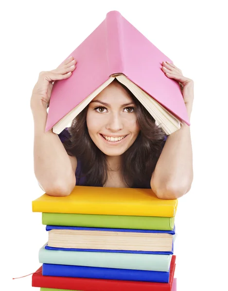 Flicka med stack färg bok . — Stockfoto