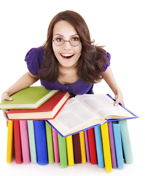 Girl in glasses with stack book . — Stock Photo, Image