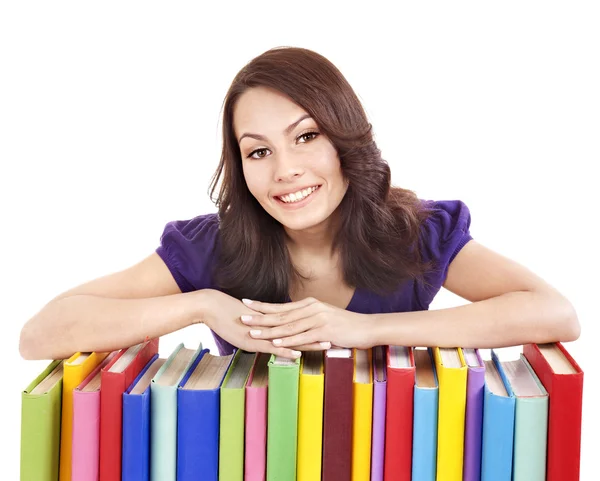 Girl with pile color book . — Stock Photo, Image