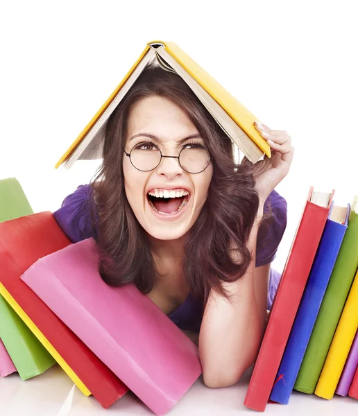 Κορίτσι με τα γυαλιά με στοίβα βιβλίων . — Φωτογραφία Αρχείου