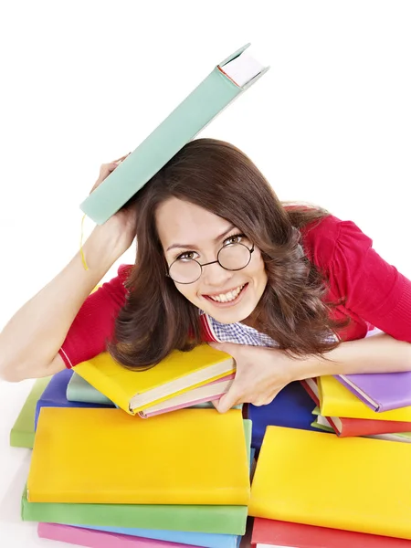 Κορίτσι με τα γυαλιά με στοίβα βιβλίων . — Φωτογραφία Αρχείου