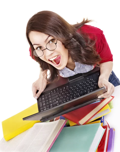 Dívka s knihou barvy zásobníku a laptop. — Stock fotografie