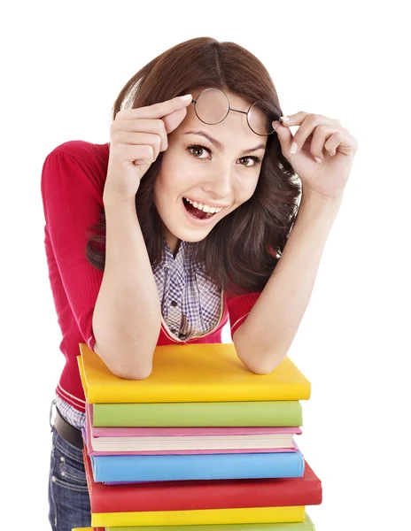 Girl in glasses with pile book . — Stock Photo, Image