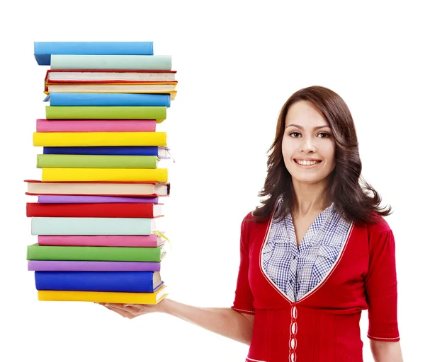 Flicka håller stack färg bok . — Stockfoto