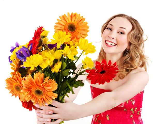 快乐的年轻女人送花. — 图库照片