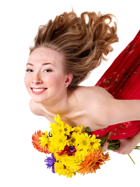 Felice giovane donna che tiene i fiori . — Foto Stock