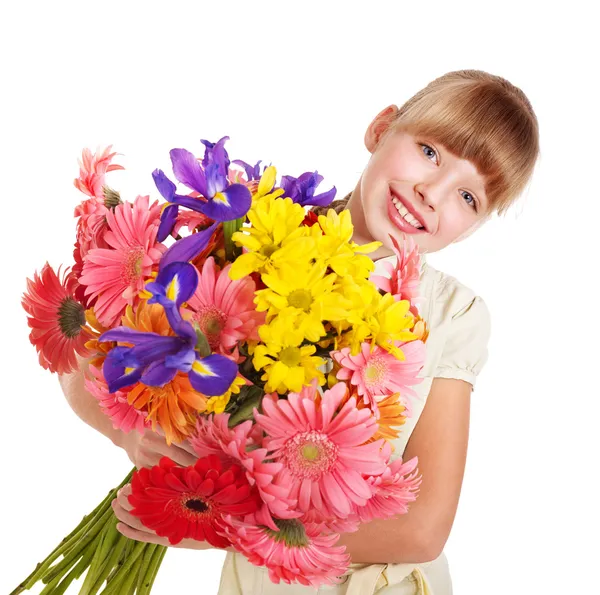 Mutlu çocuk holding çiçekler. — Stok fotoğraf