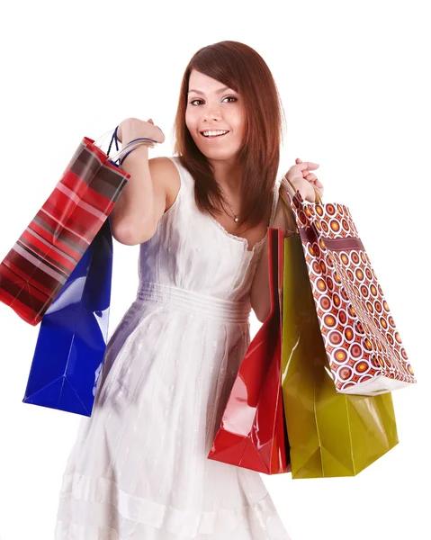Shopping Girl mit Gruppentasche. lizenzfreie Stockbilder
