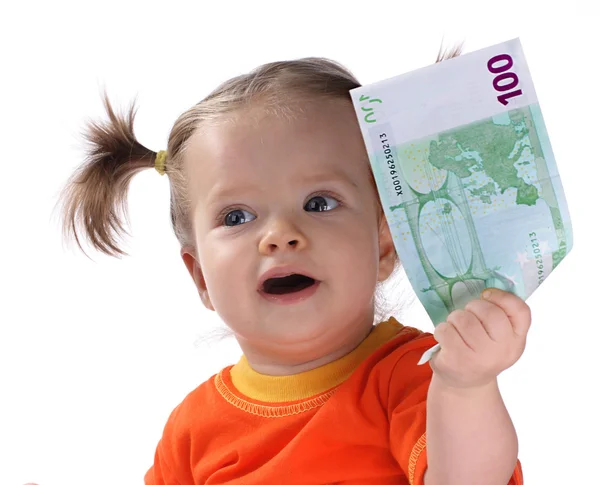 Child holding euro money. Stock Picture
