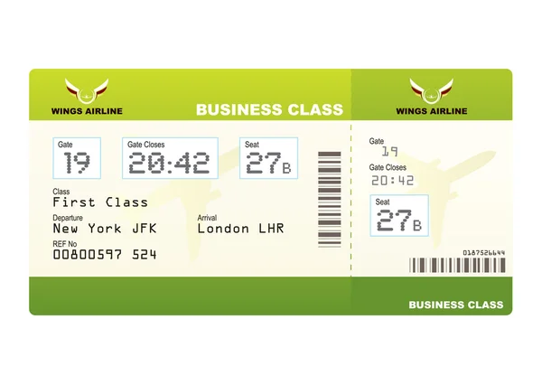 Billetes Avión Clase Business Tarjeta Embarque Verde Número Puerta — Vector de stock