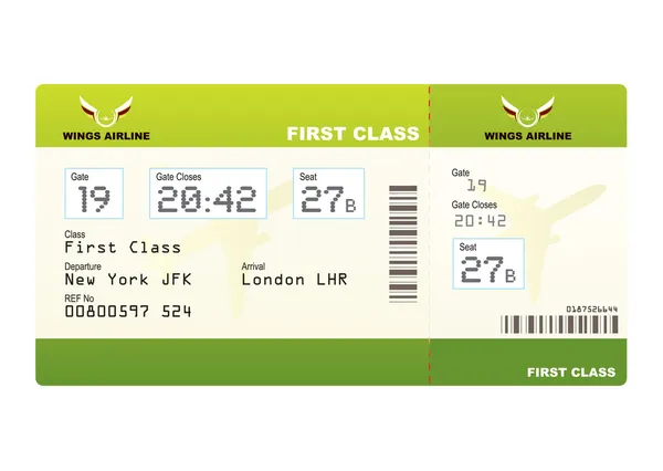 Αεροπορικό εισιτήριο πρώτης θέσης πράσινο — Διανυσματικό Αρχείο