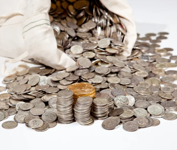Bag of silver and gold coins — Stock Photo, Image