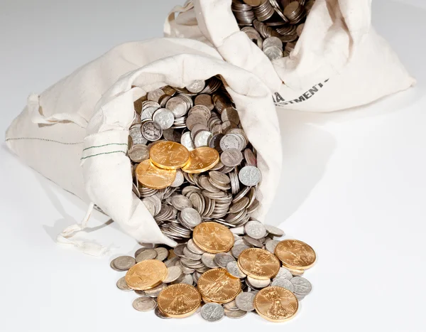 Bag of silver and gold coins — Stock Photo, Image