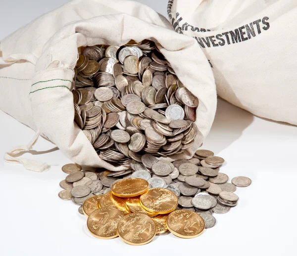 Táska, ezüst és arany érmék — Stock Fotó