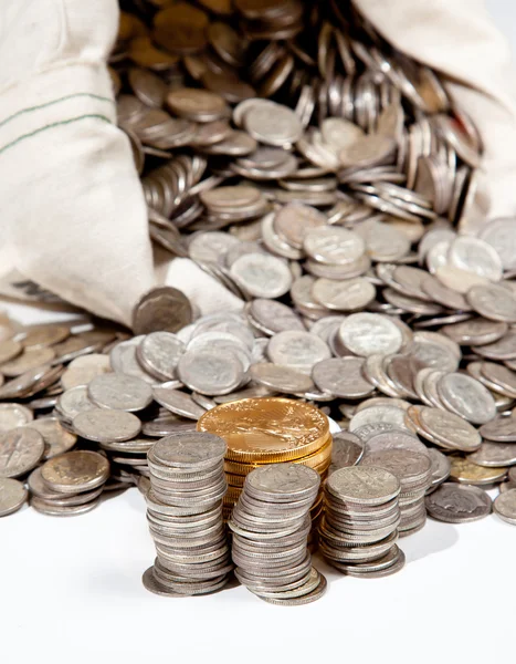 Bag of silver and gold coins Stock Picture