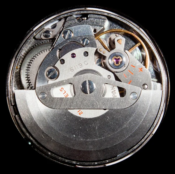 Macro Image Workings Automatic Wristwatch Cogs Polished Stainless Steel Ruby — Stock Photo, Image