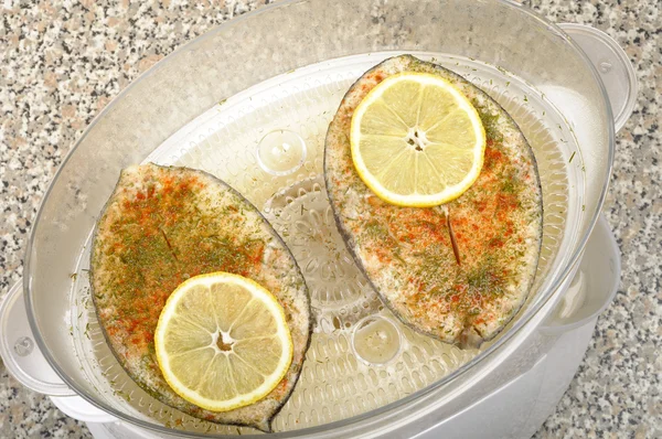 Fish Steak Cooked Spices Lemon Food Steamer — Stock Photo, Image