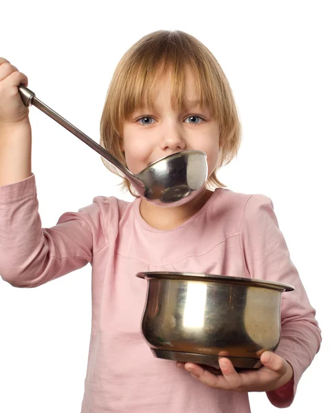 Gelukkig chef-kok meisje roeren soep — Stockfoto