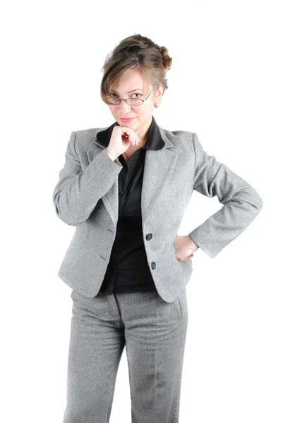 Mulher Bonita Posando Terno Negócios Óculos Isolado Sobre Fundo Branco — Fotografia de Stock