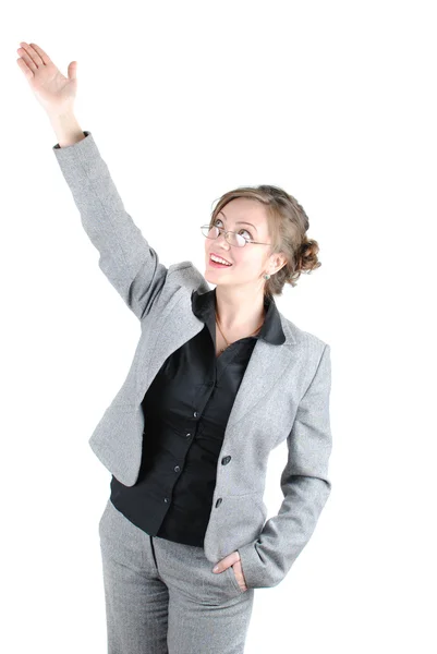 Lächelnde Geschäftsfrau Präsentiert Isoliert Über Weißem Hintergrund — Stockfoto