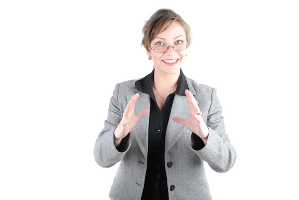 笑みを浮かべて女性実業家を提示します 白い背景の上の分離 — ストック写真