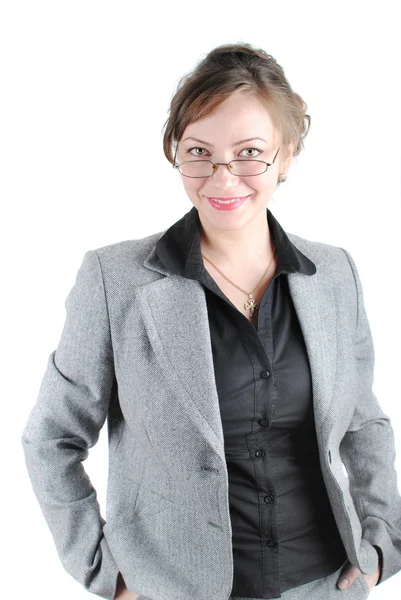Beautiful Young Woman Posing Business Suit Glasses Isolated White Background — Stock Photo, Image