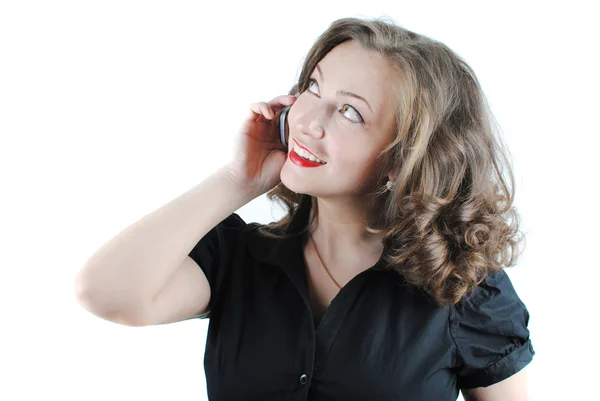 Atraktivní Mladá Žena Volání Prostřednictvím Mobilního Telefonu Izolované Bílém — Stock fotografie
