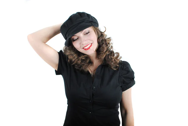 Portrait Beautiful Girl Black Cap Posing White — Stock Photo, Image