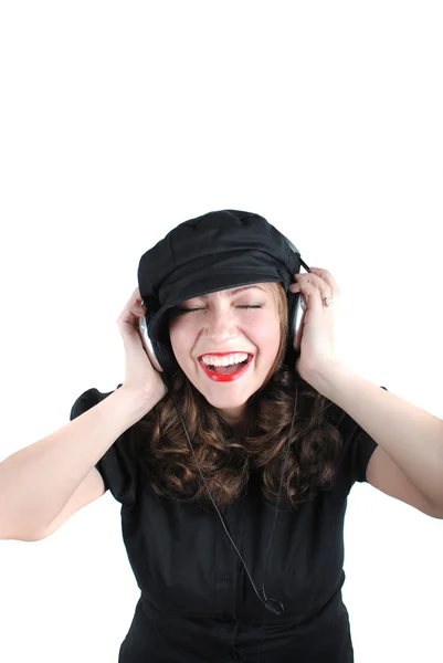 Ευτυχισμένη Γυναίκα Ακουστικά Που Απομονώνονται Λευκό Φόντο — Φωτογραφία Αρχείου
