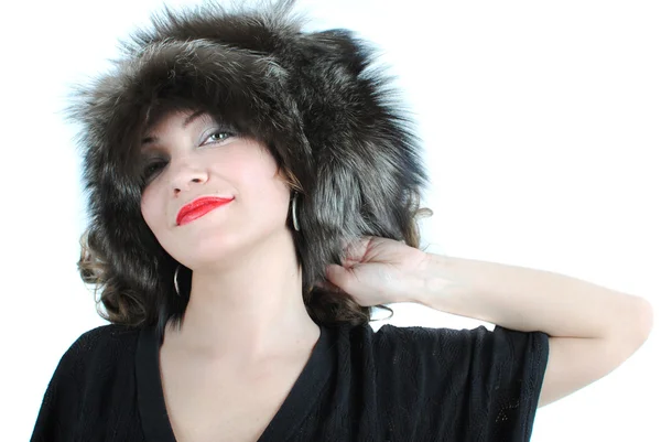 Portrait Beautiful Lady Fur Cap — Stock Photo, Image