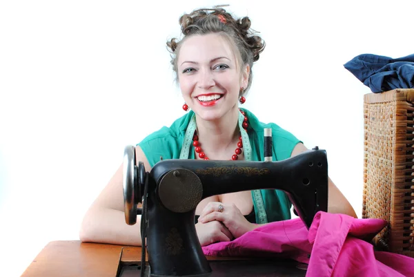 Pretty Woman Using Sewing Machine — Stock Photo, Image