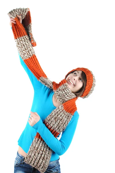 Glücklich Schönes Mädchen Mit Hut Und Schal Isoliert Vor Weißem — Stockfoto