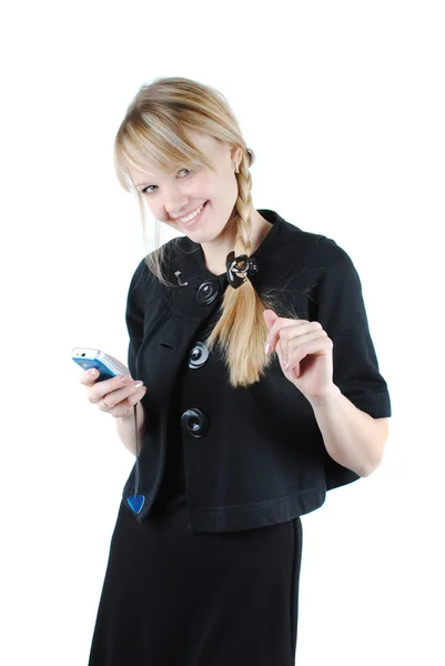 Γυναίκα των επιχειρήσεων κρατώντας ένα κινητό τηλέφωνο — Φωτογραφία Αρχείου